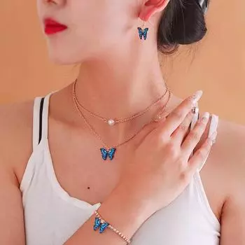 Комплект украшений в виде бабочек в европейском и американском стиле: Двухслойное жемчужное ожерелье с бриллиантовым браслетом и серьгами для женщин 3-piece set, CK0316 белый