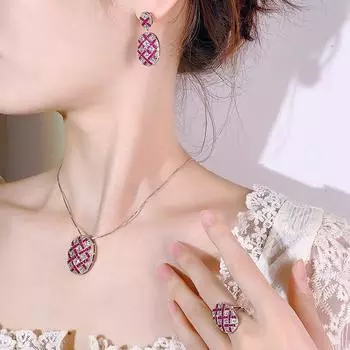 Комплект украшений Wind Set S925 Серебряные серьги-иглы ожерелье кольцо рубин женская мода