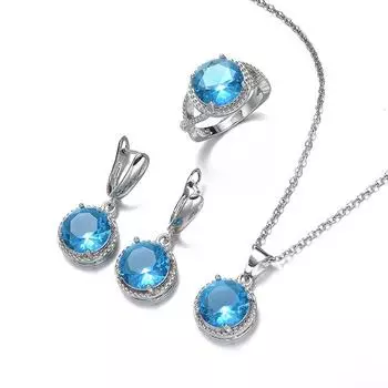 Комплект украшений Женский циркон ожерелье серьги кольцо из трех частей простой круглый комплект Size 6 ring three-piece set небесно-голубой