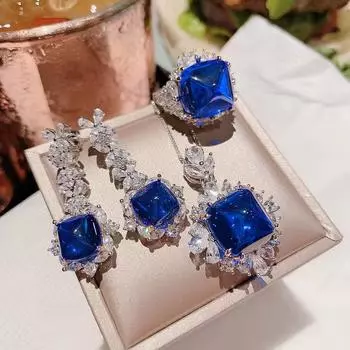 Комплект ювелирных изделий Charm Lab Sapphire Diamond Promise из стерлингового серебра 925 пробы, серьги, кольца, ожерелье для женщин, свадебные украшения, подарок resizable&45cm красный