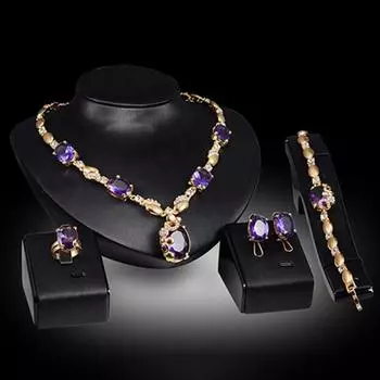 Комплект ювелирных изделий, инкрустированные стразами, привлекательные аксессуары, ожерелье, кольцо, браслет, серьги, подарок для вечеринки фиолетовый