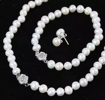 Комплект ювелирных изделий из белого культивированного жемчуга 8-9 мм, браслет, ожерелье, серьги