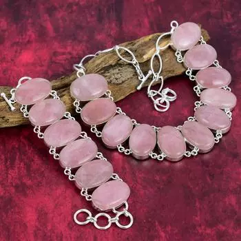 Комплект ювелирных изделий из браслета и ожерелья из стерлингового серебра 925 пробы с розовым кварцем, красивый комплект ювелирных изделий ручной работы из драгоценных камней, регулируемые ювелирные изделия на цепочке для нее Adjustable With 8 -18 розов