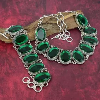 Комплект ювелирных изделий из браслета и ожерелья из хромдиопсида, красивый комплект украшений из драгоценных камней из диопсида для женщин, ювелирные изделия ручной работы Adjustable With 8 -18 зелёный