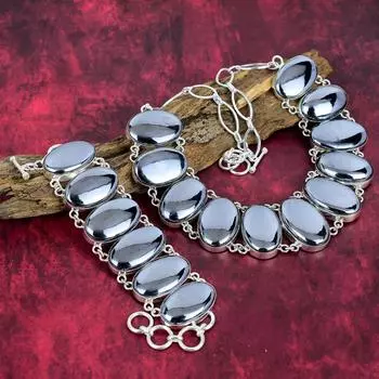 Комплект ювелирных изделий из браслета и ожерелья из стерлингового серебра 925 пробы из шунгита, ювелирные изделия из драгоценных камней овальной формы, комплект ювелирных изделий из регулируемой цепочки ручной работы для нее Adjustable With 8 -18 серый