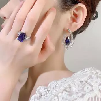 Комплект ювелирных изделий из чистого серебра 925 пробы, серьги-гвоздики с кристаллами циркония, темно-синие серьги-кольца из циркония для женщин