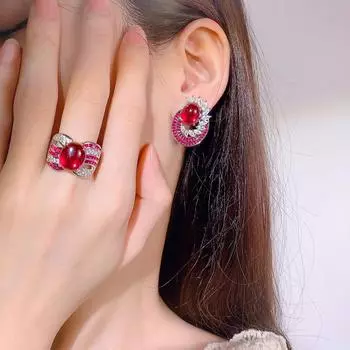 Комплект ювелирных изделий из чистого серебра 925 пробы, серьги-иглы, кольцо с имитацией красного корунда, комплект из двух колец, серьги для женщин