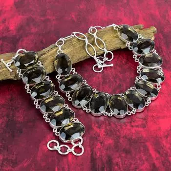 Комплект ювелирных изделий из дымчатого топаза, комплект ювелирных изделий из стерлингового серебра 925 пробы, браслет и ожерелье, дизайнерский подарок ручной работы для женщин Adjustable With 8 -18 коричневый