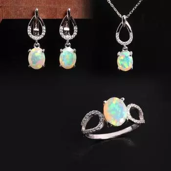 Комплект ювелирных изделий из натурального опала для женщин, ожерелье, серьги, кольцо, настоящие драгоценные камни, ювелирные украшения с коробкой US RING SIZE:6# белый