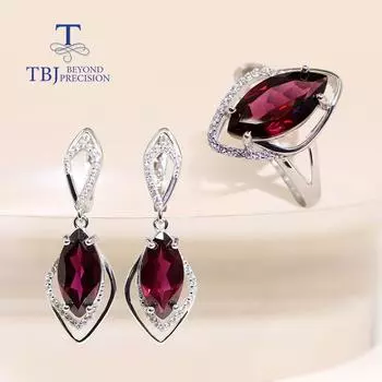 Комплект ювелирных изделий из натурального родолита MQ 7*14 мм, кольцо с драгоценным камнем, серьги из стерлингового серебра 925 пробы, классический дизайн, изысканные ювелирные изделия для женщин us ring size 6# красный