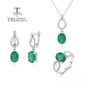 Комплект ювелирных изделий из натурального зеленого агата с драгоценными камнями, серебряное ожерелье с подвеской, серьгами и кольцом для женщин и девушек, ювелирные украшения в подарок US RING SIZE:6# зелёный