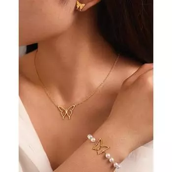 Комплект ювелирных изделий из нержавеющей стали, ожерелье, серьги, жемчужный браслет, скелет, бабочка, простой дизайн, комплект ювелирных изделий для женщин, ювелирный подарок 38+7cm
