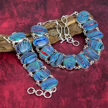 Комплект ювелирных изделий из ожерелья и браслета из радужного кремнезема, ювелирные изделия из стерлингового серебра 925 пробы, удивительный ювелирный подарок ручной работы для нее, ювелирные изделия из драгоценных камней Adjustable With 8 -18 синий