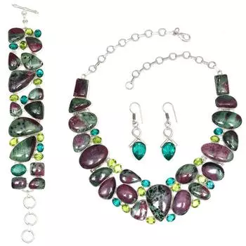 Комплект ювелирных изделий из рубина, цоизита, кварца, перидота, колье 16-18 дюймов