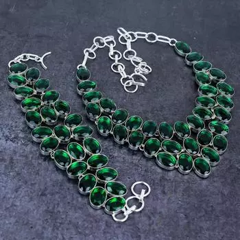 Комплект ювелирных изделий из серебра 925 пробы с натуральным хромдиопсидом ручной работы G5o18