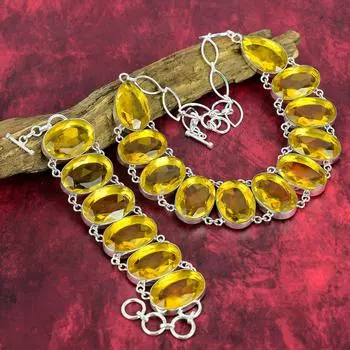 Комплект ювелирных изделий из стерлингового серебра 925 пробы с граненым цитрином, комплект браслетов и ожерелий для нее, ювелирные изделия ручной работы, красивые украшения из драгоценных камней для нее Adjustable With 8 -18 жёлтый
