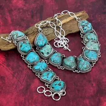 Комплект ювелирных изделий из стерлингового серебра 925 пробы с бирюзой, комплект ювелирных изделий из ожерелья и браслета ручной работы, красивые украшения из натуральных драгоценных камней для нее Adjustable With 8 -18 синий