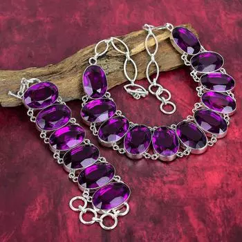 Комплект ювелирных изделий из стерлингового серебра 925 пробы с розовым аметистом, очаровательный браслет и ожерелье из драгоценных камней, ювелирные изделия из аметиста ручной работы для подарка на помолвку Adjustable With 8 -18 розовый