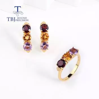 Комплект ювелирных изделий из стерлингового серебра 925 пробы, смесь натуральных драгоценных камней, круглые серьги с застежкой 6 мм, кольца, классический дизайн для женщин, жен, хороший подарок us ring size 6# коричневый