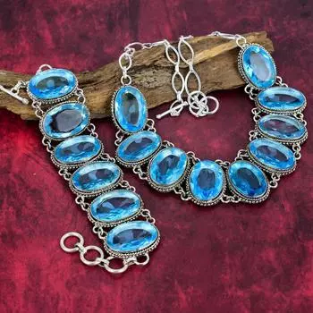 Комплект ювелирных изделий из стерлингового серебра 925 пробы со швейцарским голубым топазом, комплект ювелирных изделий из ожерелья и браслета с драгоценными камнями для нее, подарок на годовщину, комплект ювелирных изделий ручной работы Adjustable With