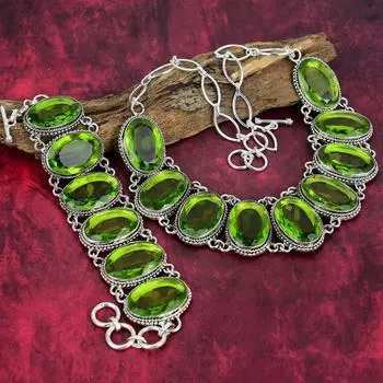 Комплект ювелирных изделий из стерлингового серебра 925 пробы с перидотом, комплект ожерелья и браслета ручной работы для женщин, красивые регулируемые украшения из драгоценных камней Adjustable With 8 -18 зелёный