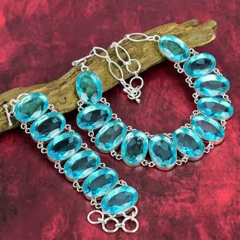 Комплект ювелирных изделий из стерлингового серебра 925 пробы со швейцарским голубым топазом, комплект ювелирных изделий из ожерелья и браслета с драгоценными камнями для нее, подарок на годовщину, комплект ювелирных изделий ручной работы Adjustable With