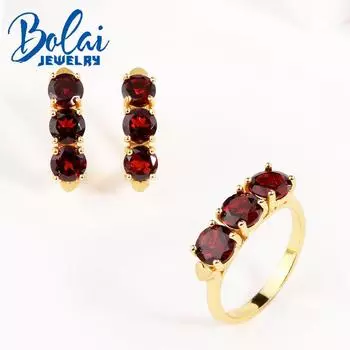 Комплект ювелирных изделий из стерлингового серебра 925 пробы с натуральным гранатом, круглые серьги с застежкой 6 мм, кольца, классический дизайн для женщин, жен, хороший подарок us ring size 7# красный