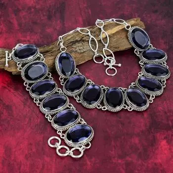 Комплект ювелирных изделий из твердого серебра 925 пробы с иолитом, красивый браслет и ожерелье ручной работы, удивительные регулируемые украшения из драгоценных камней для женщин Adjustable With 8 -18 синий