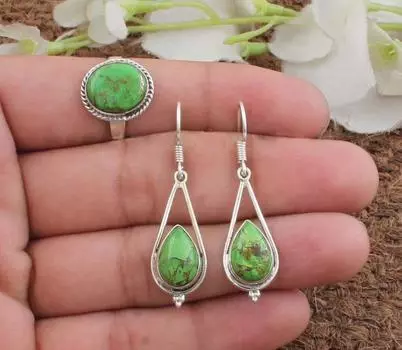 Комплект ювелирных изделий из зеленой меди и бирюзы, серебряные ювелирные изделия, дизайнерские украшения, украшения в стиле бохо, серебро 925 пробы 6 Ring Size