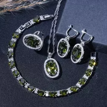 Комплект ювелирных изделий класса люкс с цирконами оливково-зеленого цвета в винтажном стиле — браслет, серьги, ожерелье и кольцо | Идеально подходит для свадеб 9