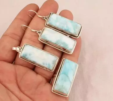 Комплект ювелирных изделий Ларимар, Ювелирные изделия из серебра 925 пробы, Ювелирные изделия ожерелья, Прямоугольные украшения, Ювелирные изделия ручной работы, Подарок для нее Only Pendant