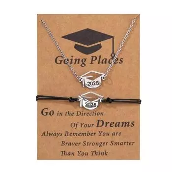 Комплект ювелирных изделий на выпускной 2025 года, ожерелье из нержавеющей стали, браслет, набор с карточкой, подарки на выпускной 2025 года для друзей серебряный