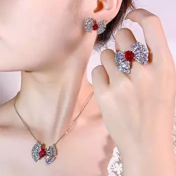 Комплект ювелирных изделий ожерелье серьги-гвоздики рубин мода свет роскошь полный бриллиантов универсальный циркон женский