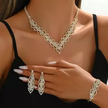 Комплект ювелирных изделий, ожерелье со стразами, серьги, комплект из трех браслетов, аксессуары для свадьбы и званого ужина.