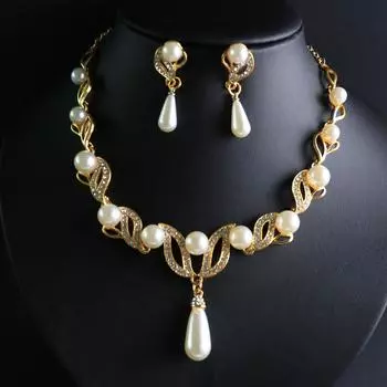 Комплект ювелирных изделий Серьги из жемчуга Свадебное ожерелье Стразы Ожерелье Модный широкий комплект из 2 предметов Сплав золотой