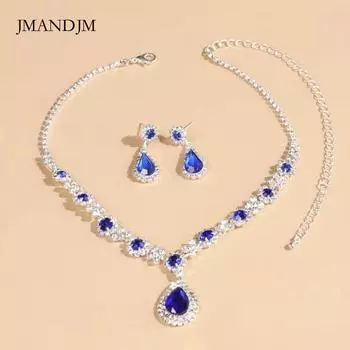 Комплект ювелирных изделий Серьги Подвеска Стразы Ожерелье Женские украшения Королевский Синий Капля Воды Модные Свадебные Аксессуары