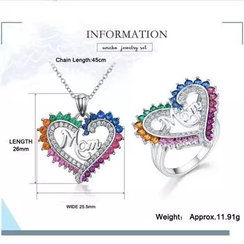 Комплект ювелирных украшений с ожерельем и кольцом в форме сердца с разноцветным цирконием MOM Letter 6 разноцветный