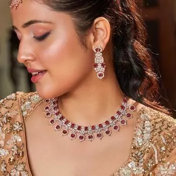 Комплект великолепного дизайнерского ожерелья Estele с покрытием из розового золота и рубиновыми кристаллами для женщин
