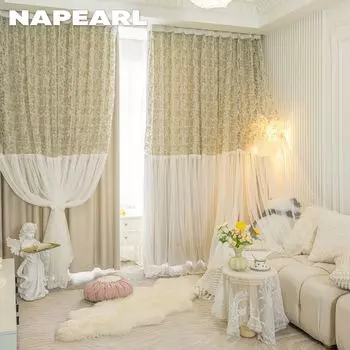Комплект весенних объемных вышитых и однотонных двухслойных штор для гостиной, оконных драпировок, декоративных панелей NAPEARL W100cm x L200cm