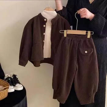 Комплект весна-осень для мальчиков и девочек, вельветовый однобортный топ и брюки, детский повседневный комплект из двух предметов, одежда 140cm кофейный