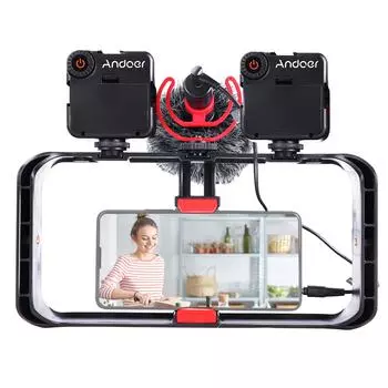 Комплект видеоустановки для смартфона, включающий клетку для смартфона с 3 креплениями для холодной обуви + 2 мини-светодиода