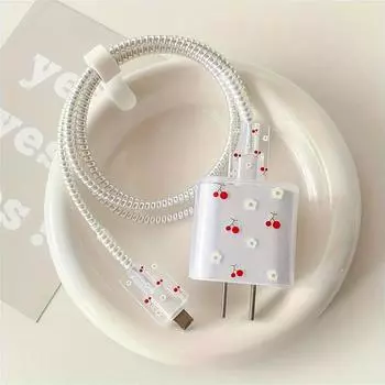 Комплект защитных чехлов для кабеля и зарядного устройства Cherry Design TPU для iPhone 14/13 – прочная накладка для шнура и чехол для адаптера быстрой зарядки прозрачный