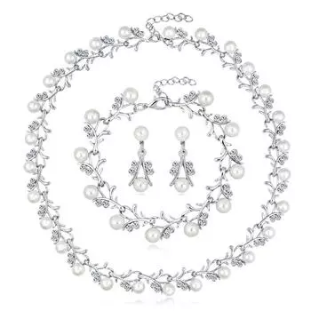 Комплект жемчужного ожерелья из сплава с бриллиантовым ожерельем, серьгами, браслетом, свадебным комплектом из трех частей
