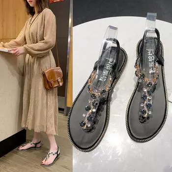 Комплект женских босоножек лето 2025 года новые универсальные студенческие босоножки на плоской подошве со стразами шлепанцы с мыском пляжные женские туфли 35 чёрный