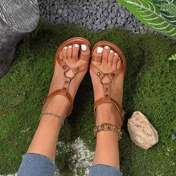 Комплект женских босоножек с мыском, новинка лета 2024 года, односложная пряжка с металлической пряжкой на плоской подошве, римская пляжная женская обувь 36 коричневый