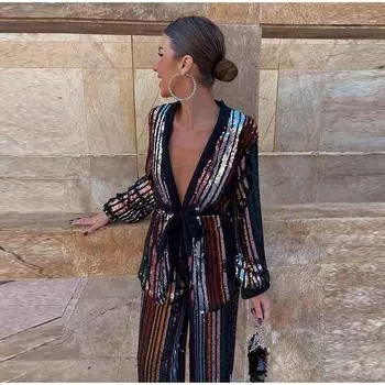 Комплект женских брюк с V-образным вырезом и блестками, длинный рукав, пояс, вертикальные полосы, осенний блестящий женский костюм S
