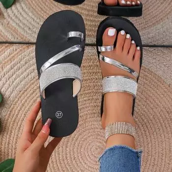 Комплект женских тапочек со стразами, сандалии большого размера на плоской подошве 36 серебряный