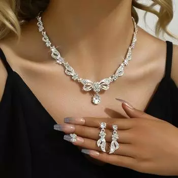 Комплект женских украшений из 3 предметов, сплав стразов, капли воды, серьги-подвески, комплект ожерелий, свадебные украшения для невесты Silver&45cm
