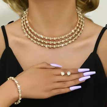 Комплект женских украшений из 4 предметов со стразами, многослойные воротники, серьги, браслеты, аксессуары для свадебной вечеринки