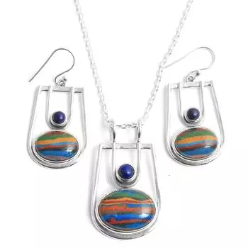 Комплект женских украшений, Ювелирные изделия ручной работы, Комплект радужного кальцината, Комплект ожерелий с подвесками и серьгами синий